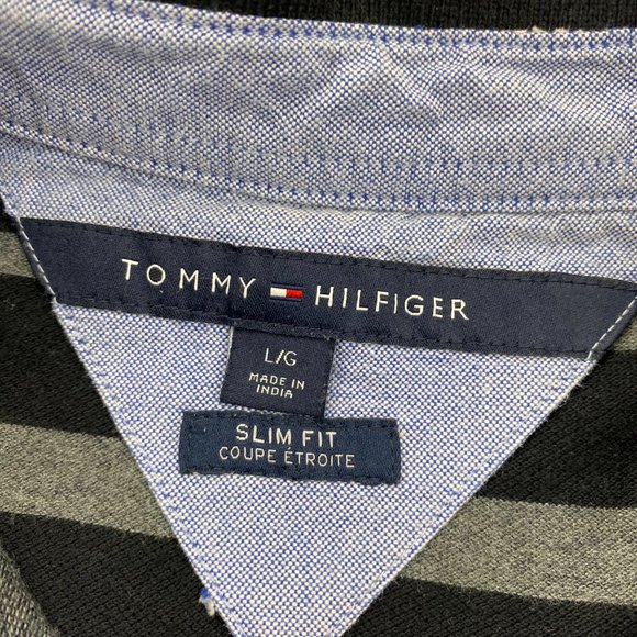 Tommy Hilfiger Polo Shirt Men Large L Gray Black Striped Slim Fit Casual Button - Picture 5 of 10